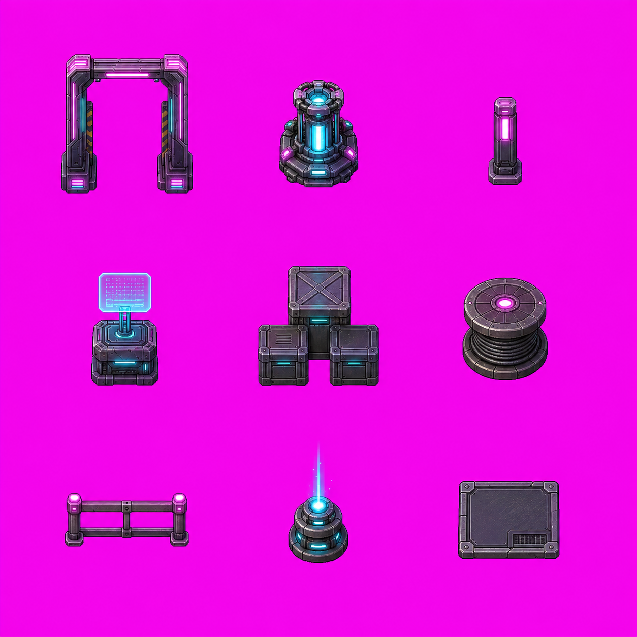 https://github.com/0x0funky/agent-sprite-forge/blob/HEAD/Generated 3x3 cyberpunk canal prop pack