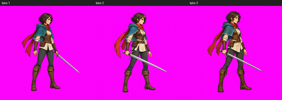 https://github.com/0x0funky/agent-sprite-forge/blob/HEAD/Three master takes of Aria side by side on the magenta key colour; take 1 was approved