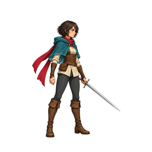 https://github.com/0x0funky/agent-sprite-forge/blob/HEAD/Aria, the approved master still: a young swordswoman with short dark hair, a teal cloak and a long red scarf, side view facing right