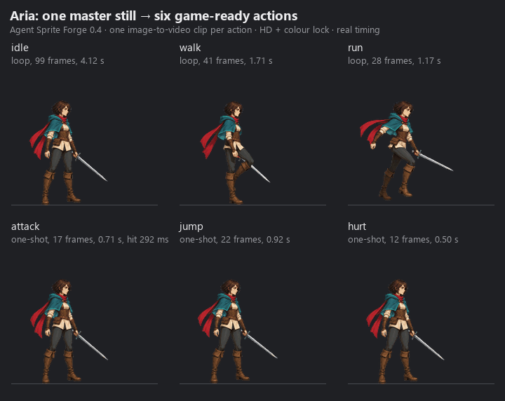 https://github.com/0x0funky/agent-sprite-forge/blob/HEAD/Aria's six actions at real timing: idle, walk and run loops; attack, jump and hurt one-shots