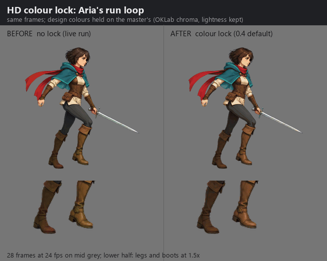 https://github.com/0x0funky/agent-sprite-forge/blob/HEAD/Aria's run loop without and with the HD colour lock; without it the boots shimmer olive and maroon