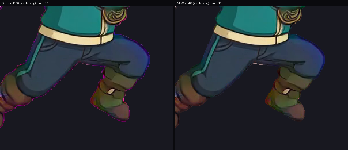 https://github.com/0x0funky/agent-sprite-forge/blob/HEAD/2x crop of the same Grok frame: a magenta outline with the old keyer, a clean edge with the 0.4 soft matte