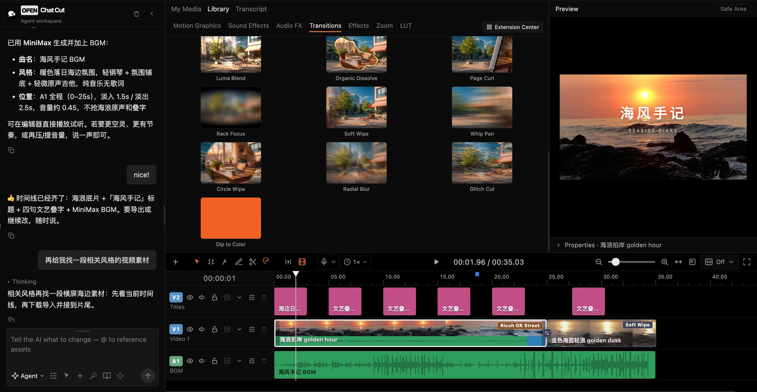 https://github.com/0xsline/OpenChatCut/blob/HEAD/An agent generating music and editing transitions on a multitrack timeline