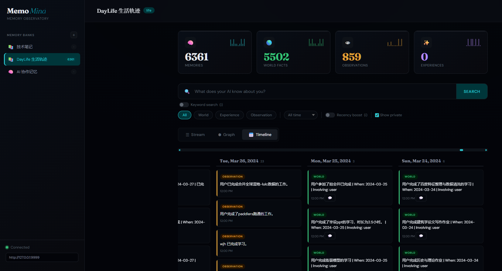 https://github.com/24kchengYe/MemoMind/blob/HEAD/Years of daily activities visualized as a searchable timeline