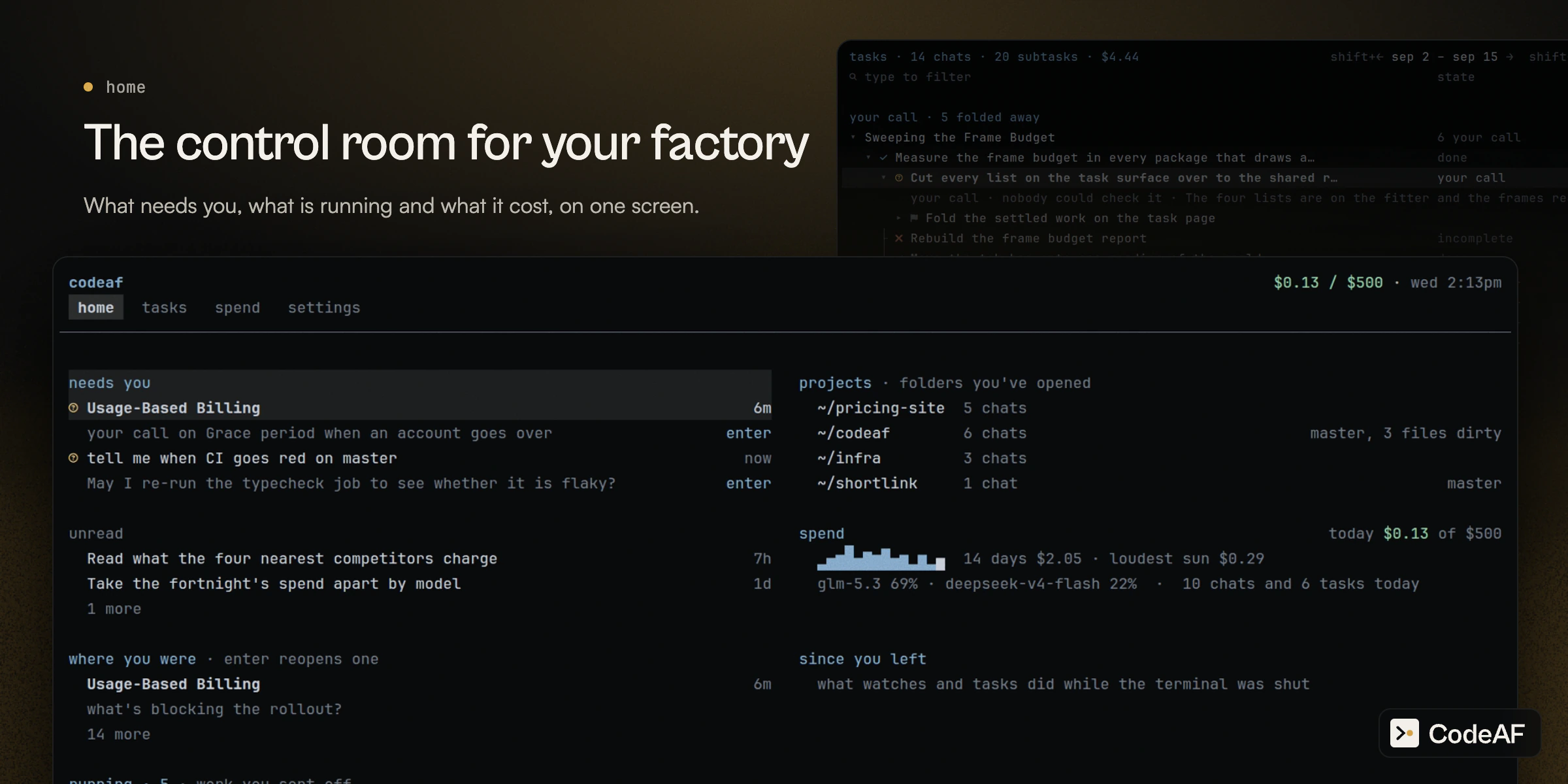 https://github.com/Agent-Field/CodeAF/blob/HEAD/Home in two columns: needs you, unread, where you were, running and scheduled on the left; projects, spend and since you left on the right