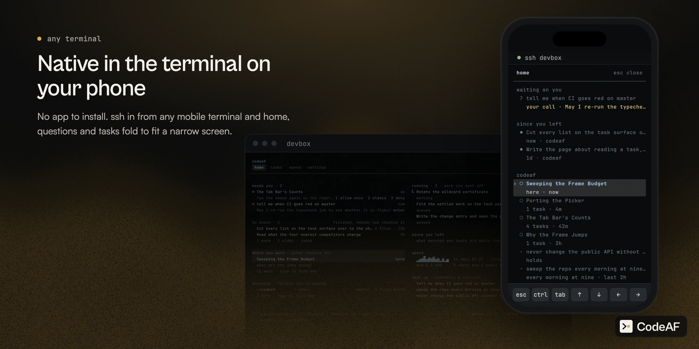 https://github.com/Agent-Field/CodeAF/blob/HEAD/Native in the terminal on your phone: CodeAF home at phone width inside a mobile terminal over ssh, beside the same home on a wide screen