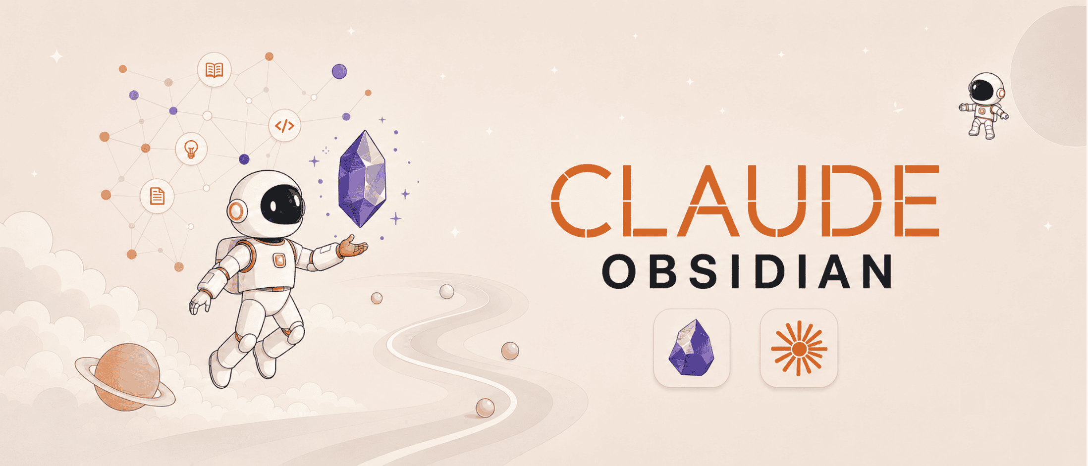 https://github.com/AgriciDaniel/claude-obsidian/blob/HEAD/claude-obsidian cover featuring an astronaut, the Obsidian crystal, and a connected knowledge graph