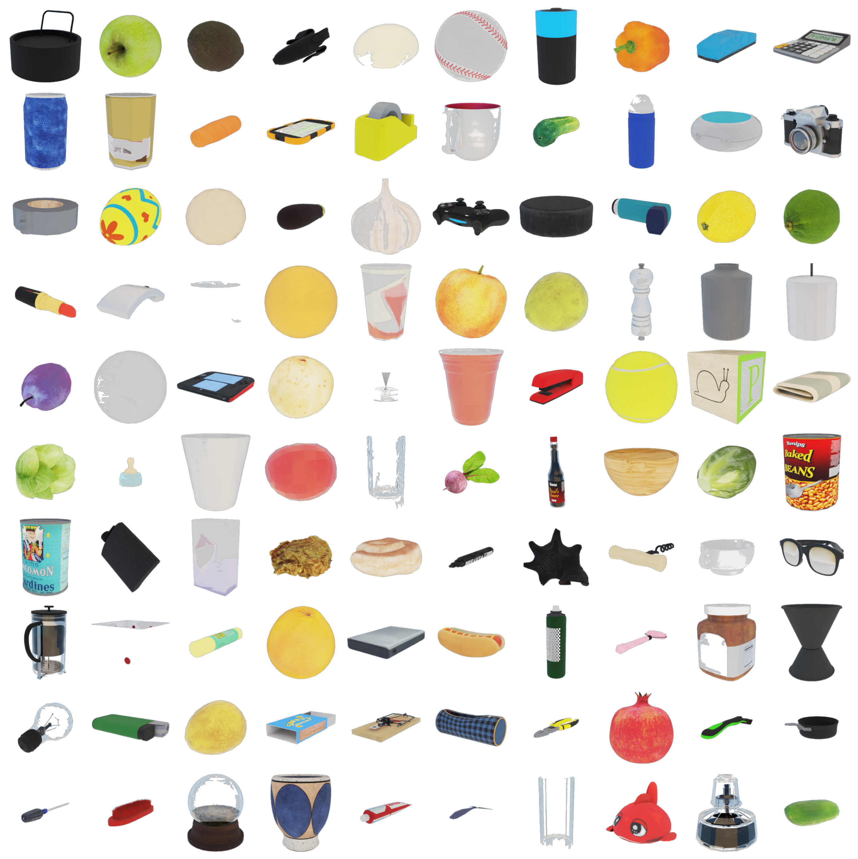 The 100 objects used to evaluate generalization across objects