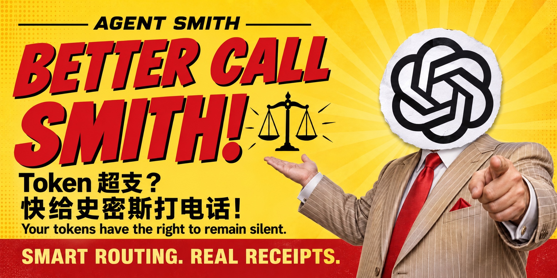 A Better Call Saul parody ad with a ChatGPT knot-logo head pasted onto a lawyer in a suit