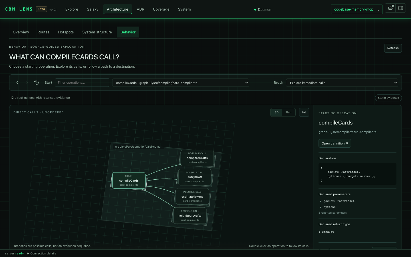 https://github.com/DeusData/codebase-memory-mcp/blob/HEAD/CBM Lens Beta Behavior view: the possible direct calls of compileCards and its declaration