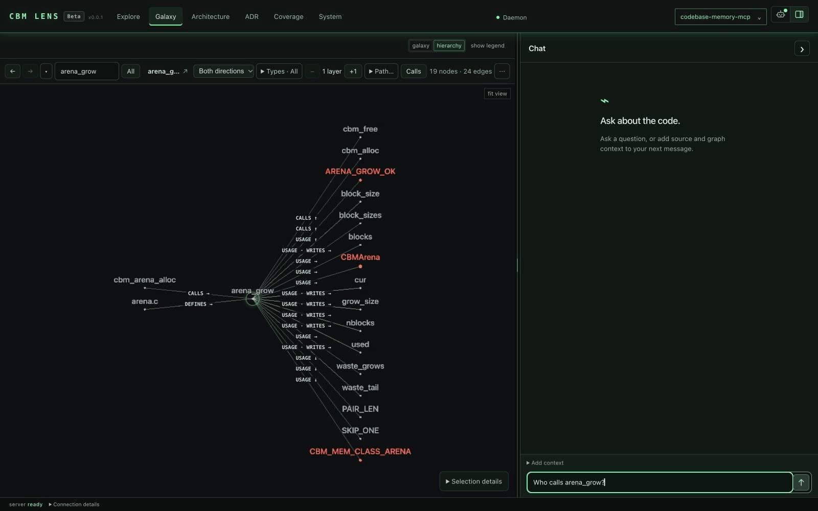 https://github.com/DeusData/codebase-memory-mcp/blob/HEAD/Chat with your codebase locally in CBM Lens Beta: a selected symbol, its listed facts and a caller question answered from the indexed graph