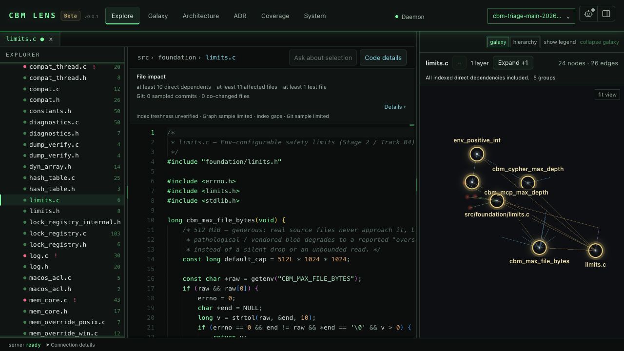 https://github.com/DeusData/codebase-memory-mcp/blob/HEAD/CBM Lens Beta Explore: limits.c in the source reader beside its file impact summary and direct graph dependencies