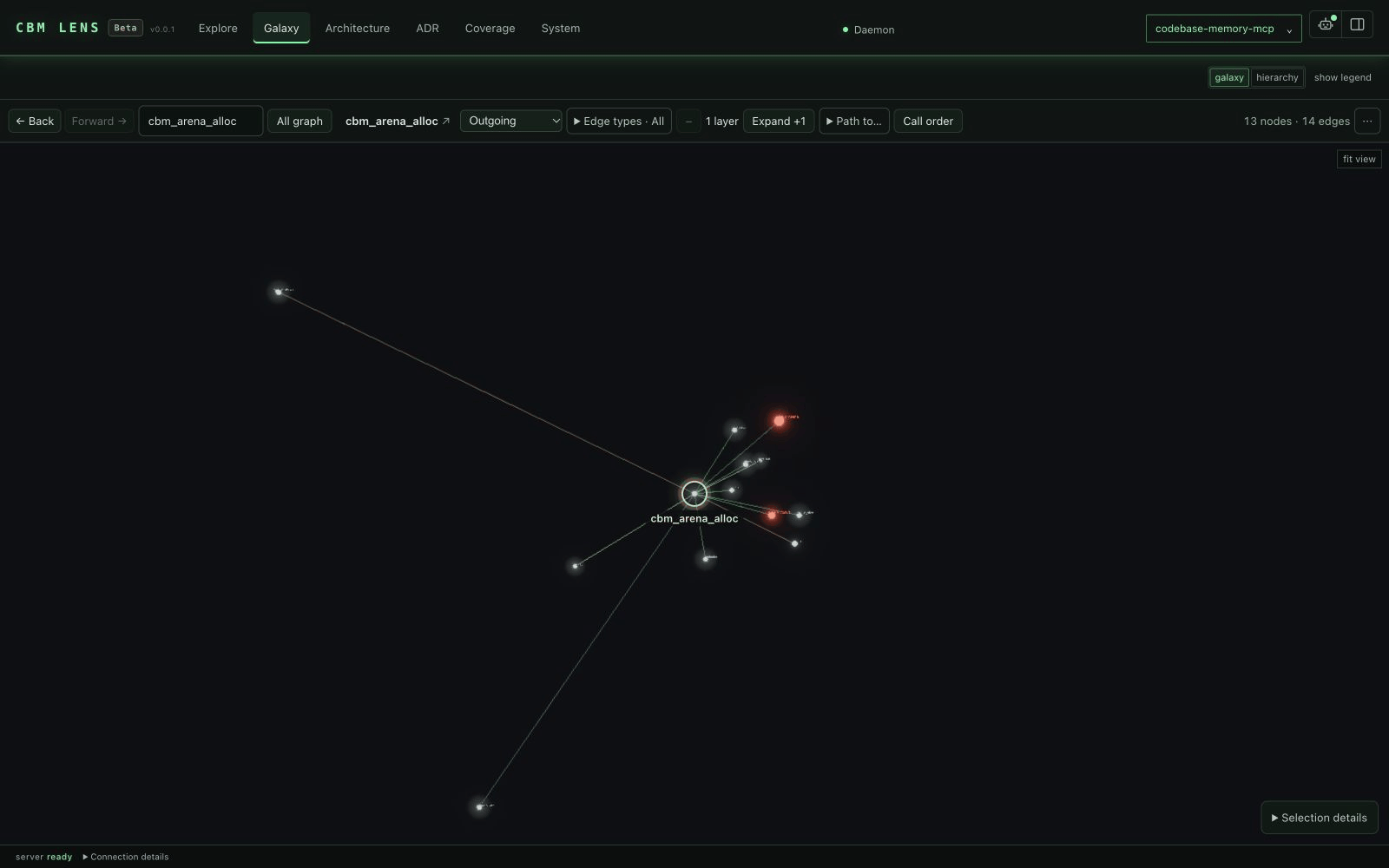 https://github.com/DeusData/codebase-memory-mcp/blob/HEAD/Code knowledge graph in CBM Lens Beta Galaxy: search a function, expand its outgoing calls, switch to the hierarchy and follow a path