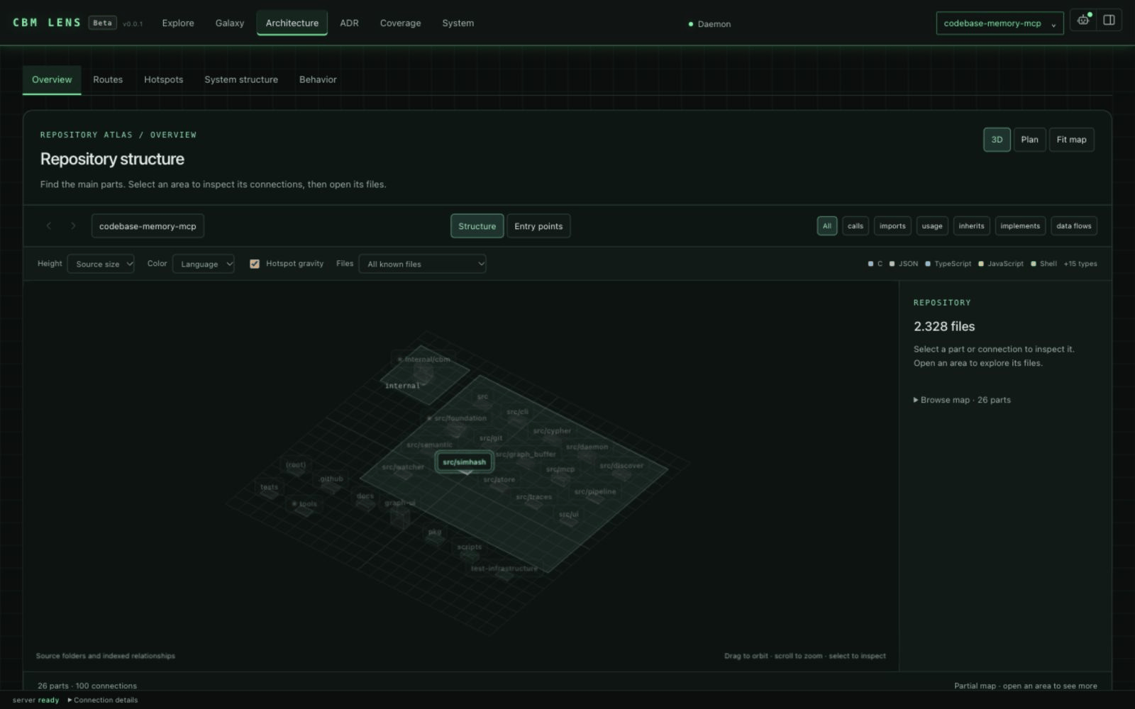 https://github.com/DeusData/codebase-memory-mcp/blob/HEAD/CBM Lens Beta architecture walkthrough: zoom into the source folders of this repository, open src/pipeline, select artifact.c and open its source