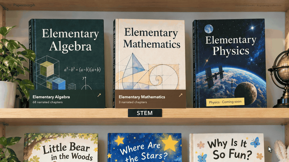 https://github.com/DozenTwelve/Papermorph/blob/HEAD/Real demo: bookshelf, animated lessons, and interactive quizzes
