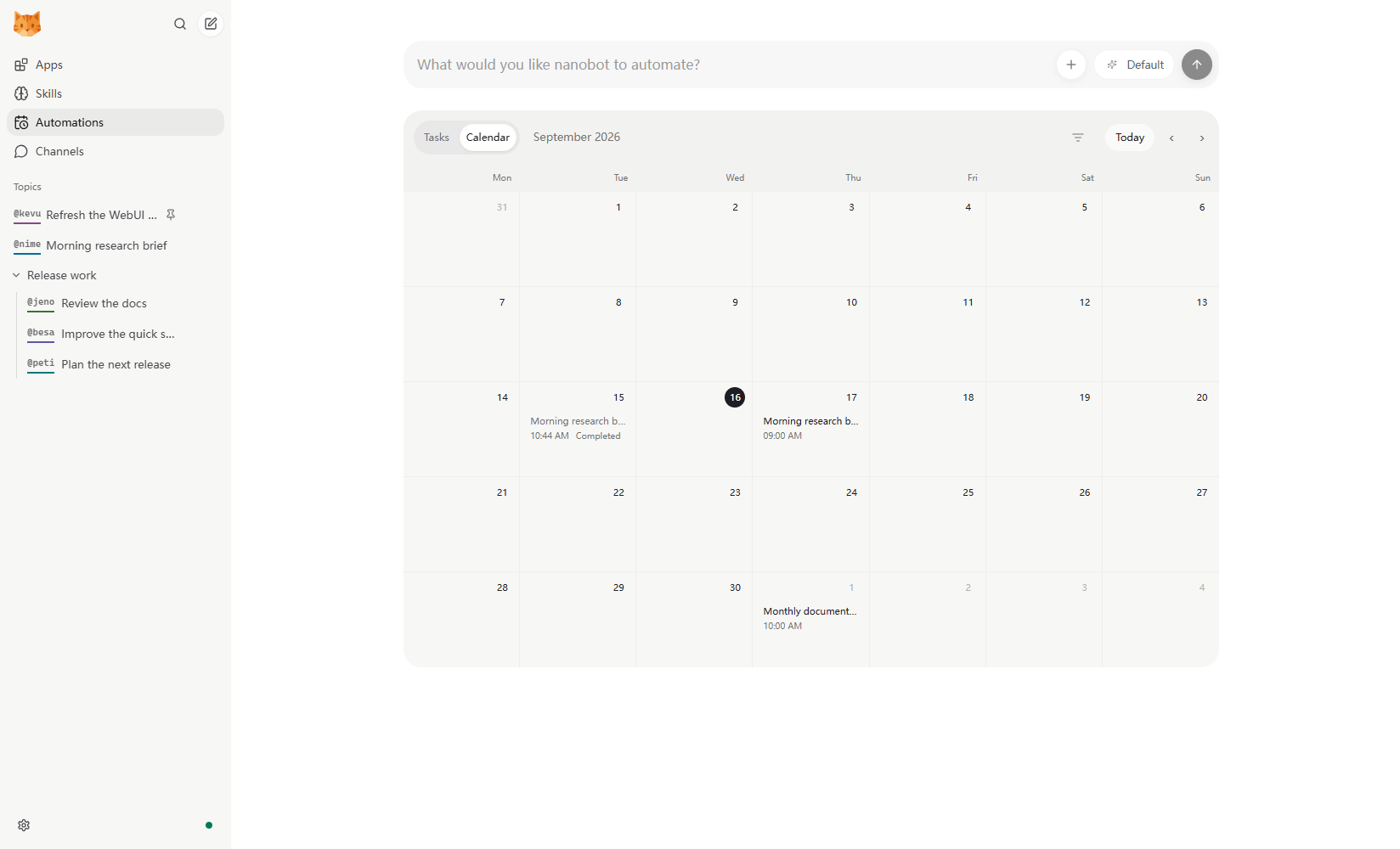 https://github.com/HKUDS/nanobot/blob/HEAD/The Automations calendar with completed and upcoming recurring tasks arranged by date