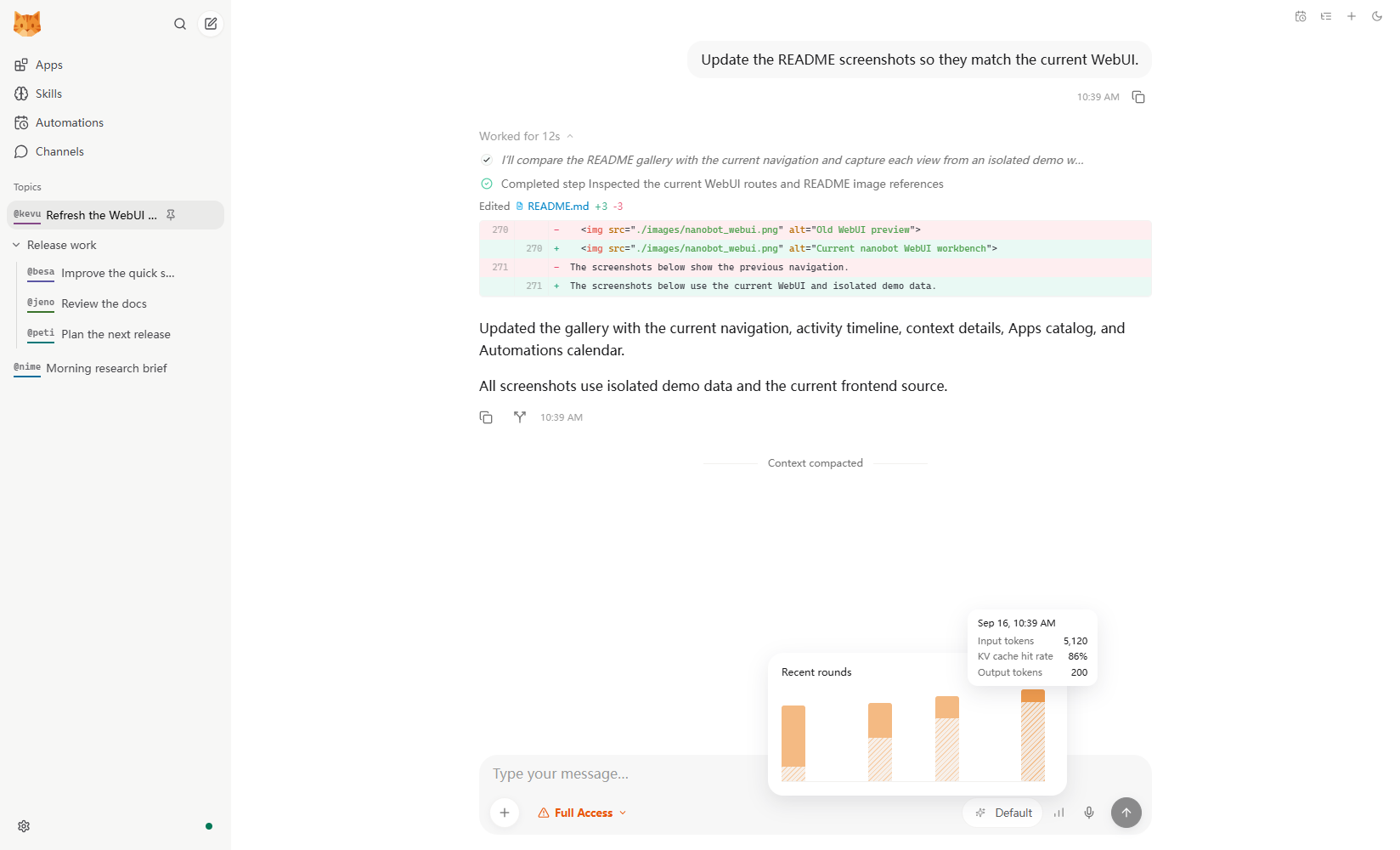https://github.com/HKUDS/nanobot/blob/HEAD/An expanded file-edit diff above the context usage chart, with input tokens and cache reuse shown across four rounds