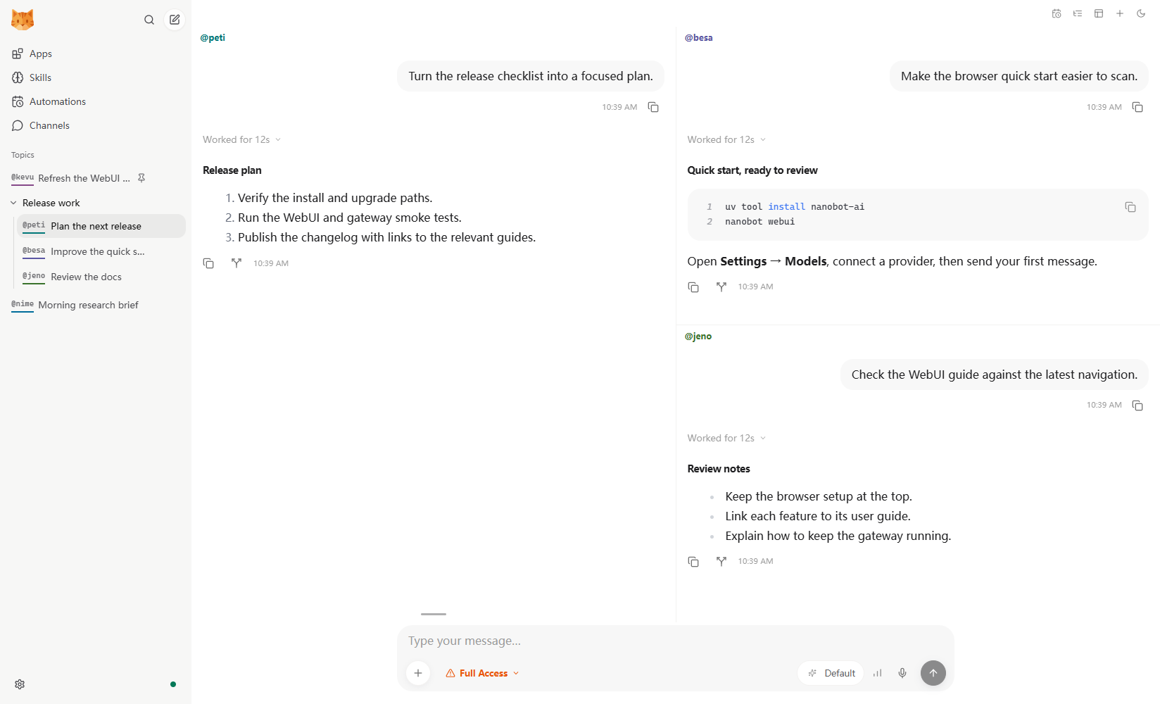 https://github.com/HKUDS/nanobot/blob/HEAD/Three conversations in one workbench: a release plan beside quick-start work and documentation review