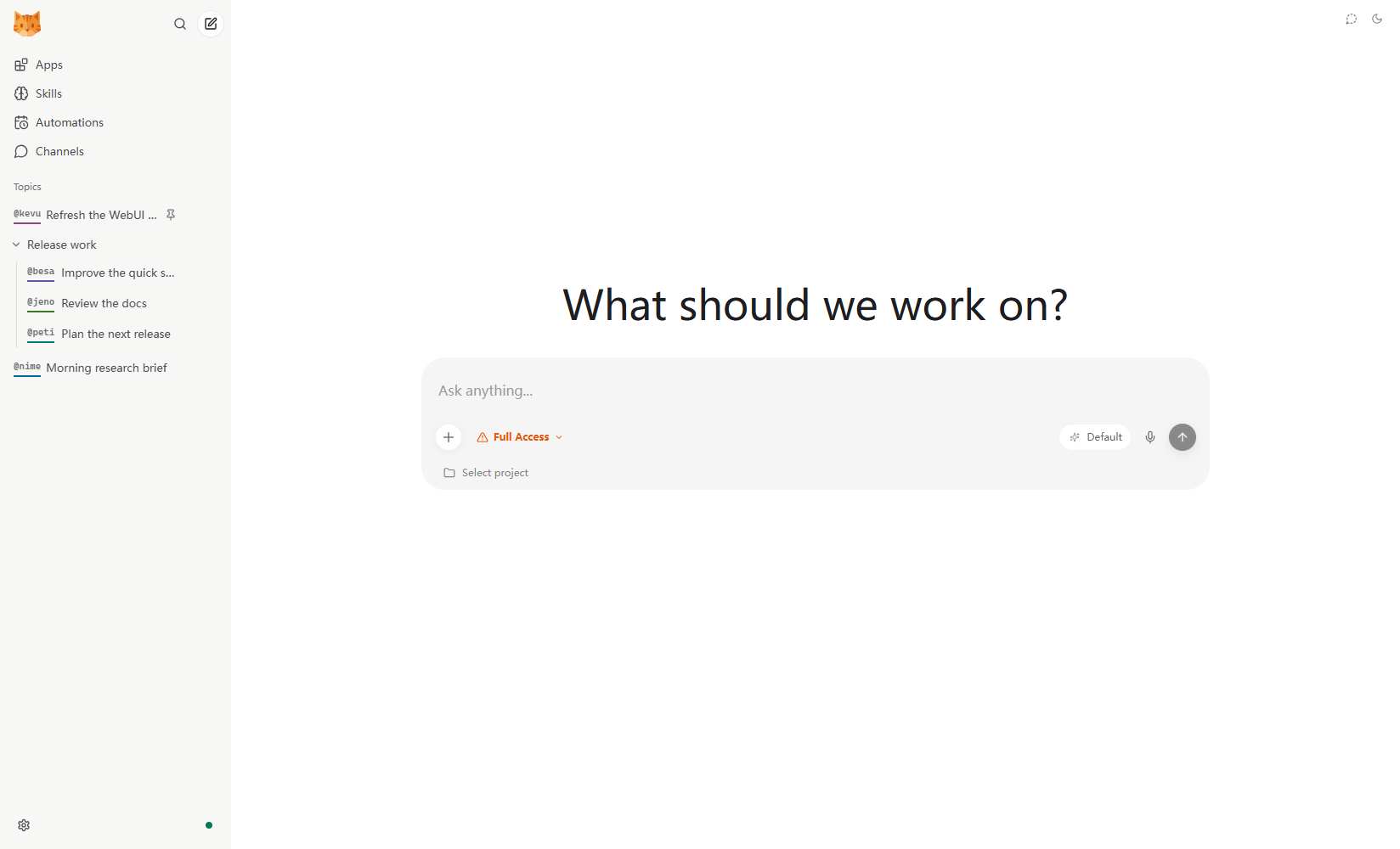 https://github.com/HKUDS/nanobot/blob/HEAD/nanobot WebUI new-topic screen with the hero composer, workspace access, project, and model controls