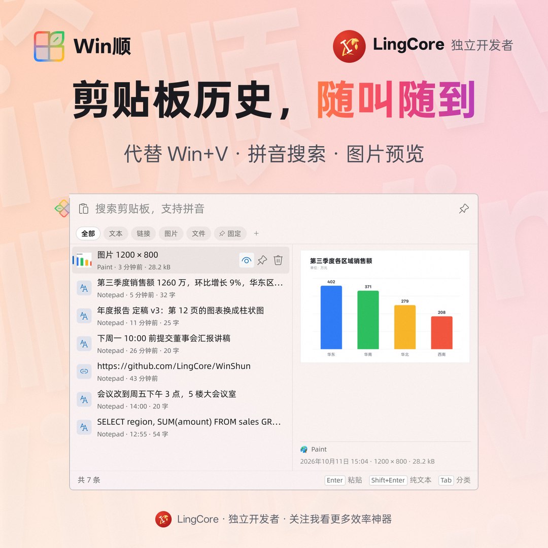 https://github.com/LingCore/WinShun/blob/HEAD/剪贴板历史，代替 Win+V，拼音搜索、图片预览 / clipboard history replacing Win+V