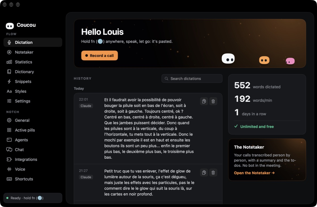 https://github.com/Louis-CFM/coucou/blob/HEAD/The Coucou window: the Dictation page with today's dictations, words dictated, speed and days in a row