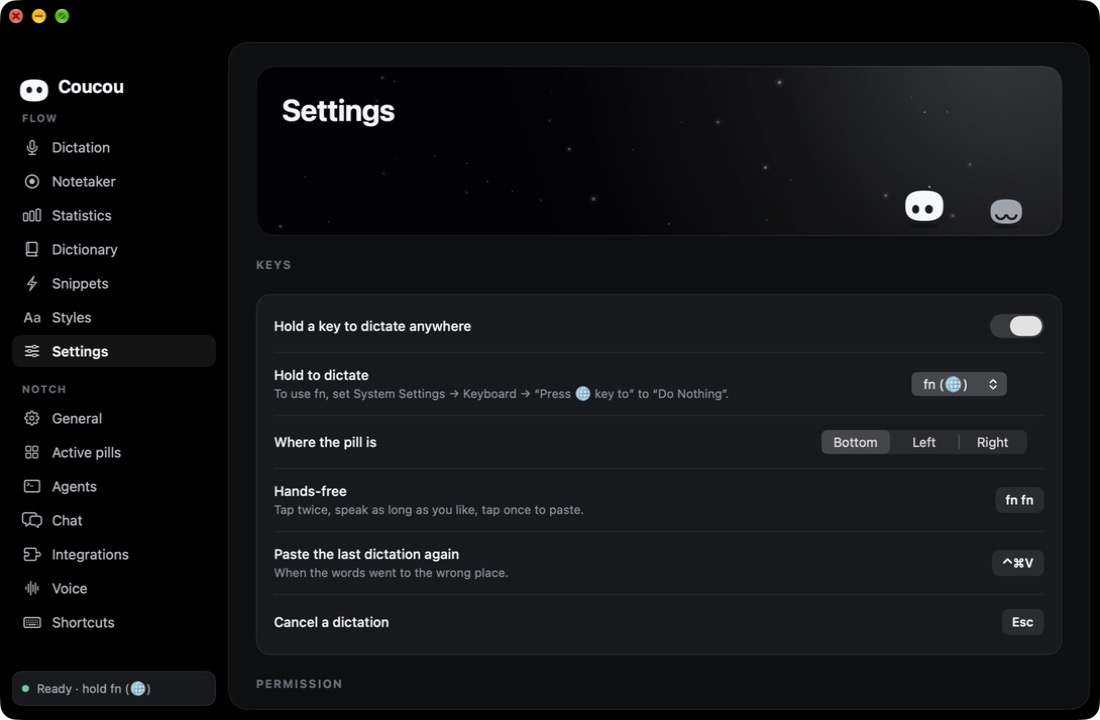 https://github.com/Louis-CFM/coucou/blob/HEAD/Settings: the key to hold, where the pill is, hands-free, paste again and cancel