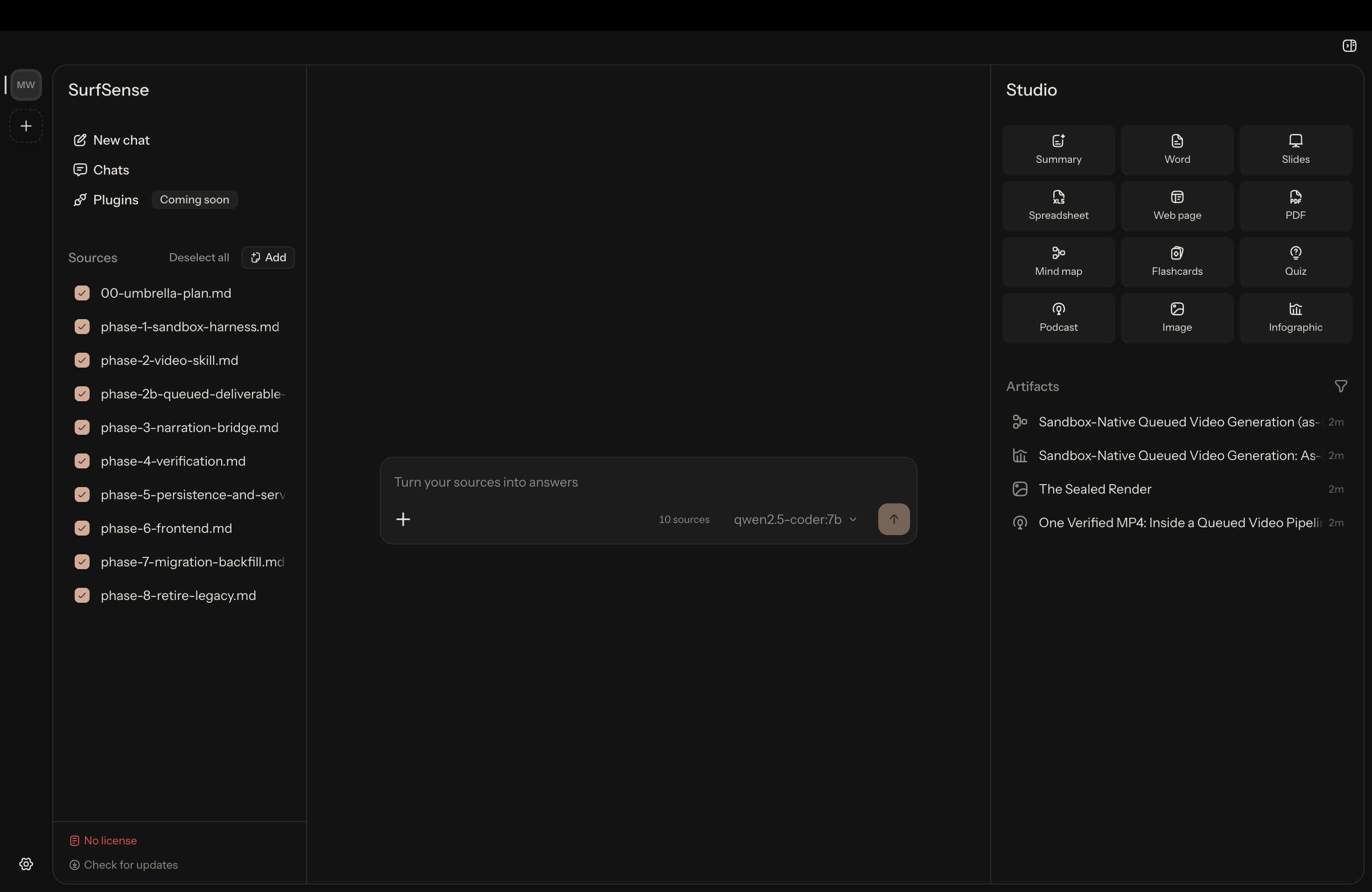 https://github.com/MODSetter/SurfSense/blob/HEAD/SurfSense desktop app with Studio open and Qwen selected, turning local sources into artifacts