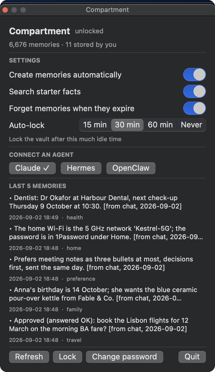 https://github.com/MaxFreedomPollard/Compartment/blob/HEAD/The macOS panel: vault state, settings, connected agents, the last five memories