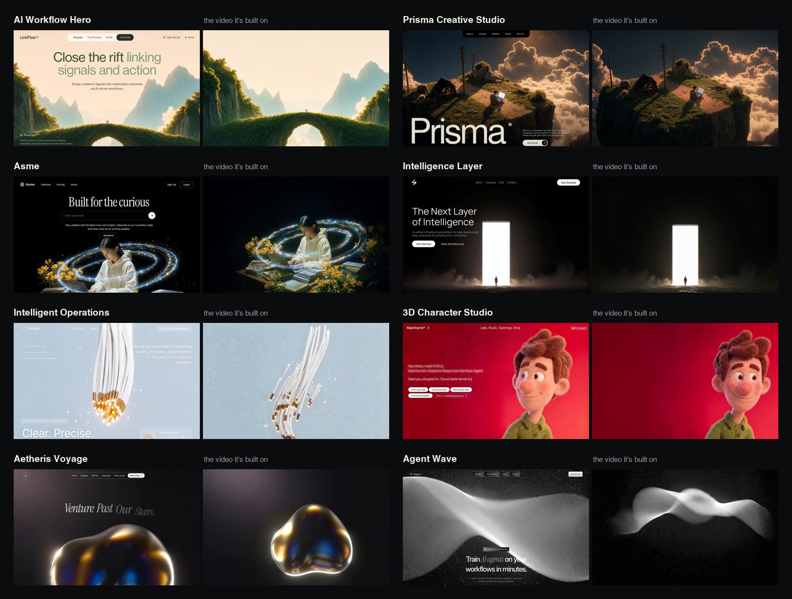 Example designs from the skill, each next to the hero video it is built on