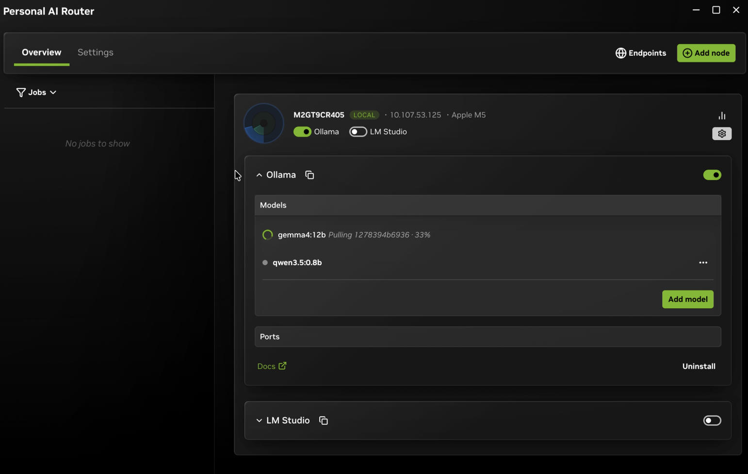 A node card with its engine expanded, one model pulling and the Add model button beside the list.