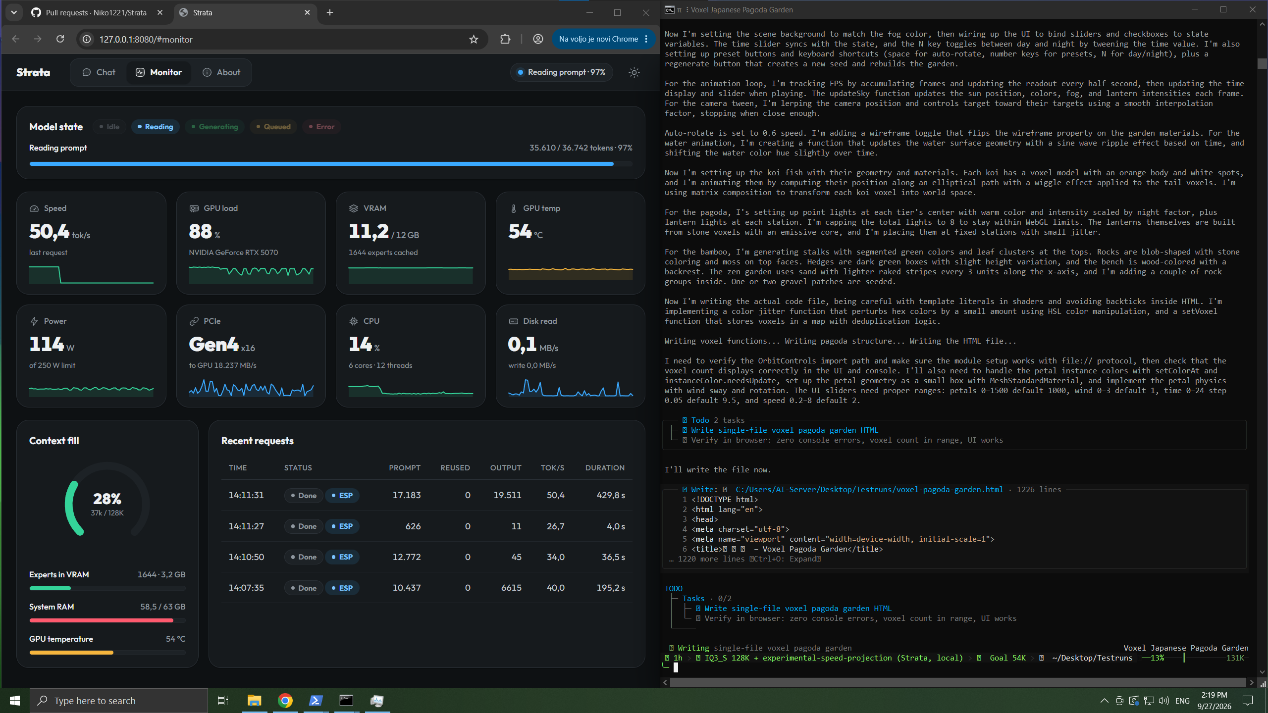 https://github.com/Niko1221/Strata/blob/HEAD/The Strata app's Monitor tab next to a coding agent