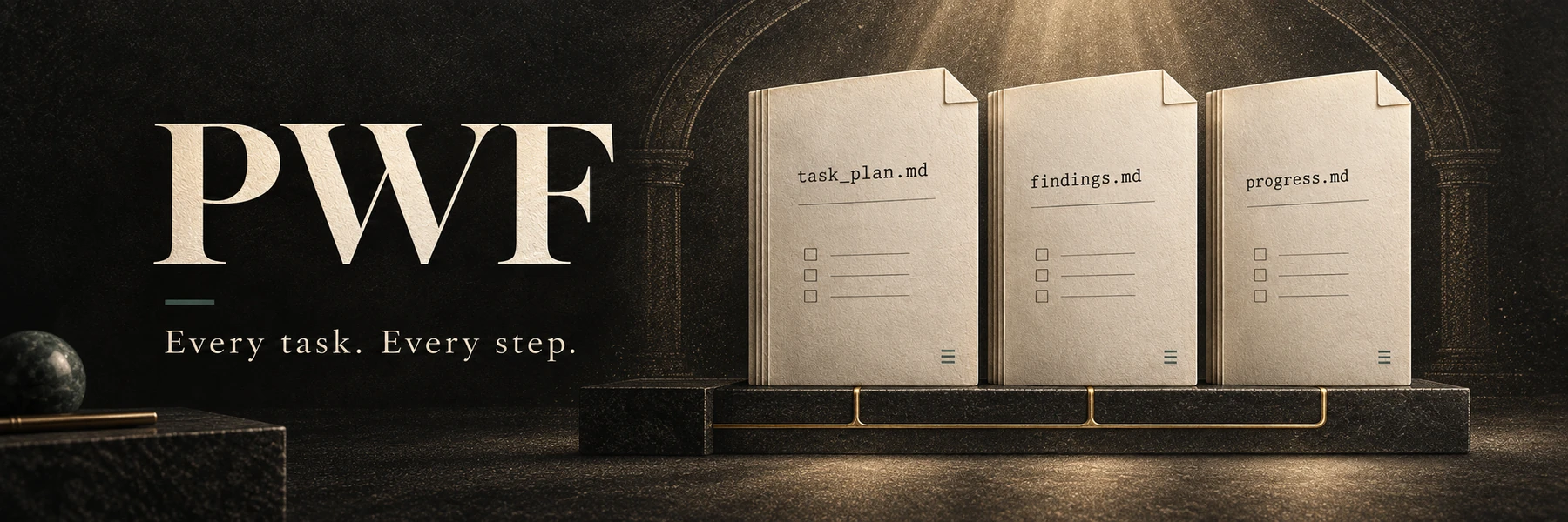 https://github.com/OthmanAdi/planning-with-files/blob/HEAD/PWF: Every task. Every step. Three planning files on a brass-inlaid base beneath an engraved arch