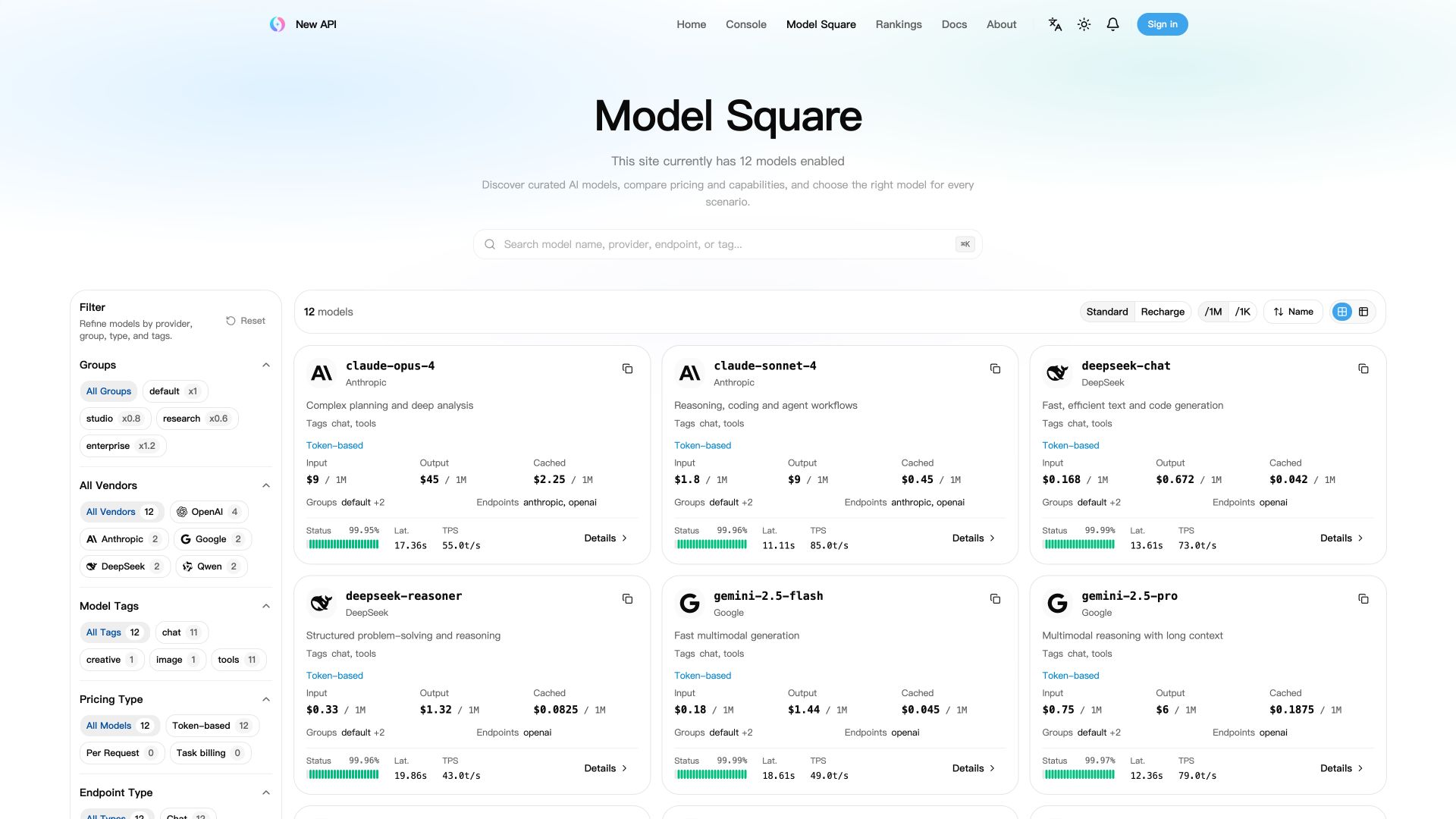 Model square with simulated model pricing and availability