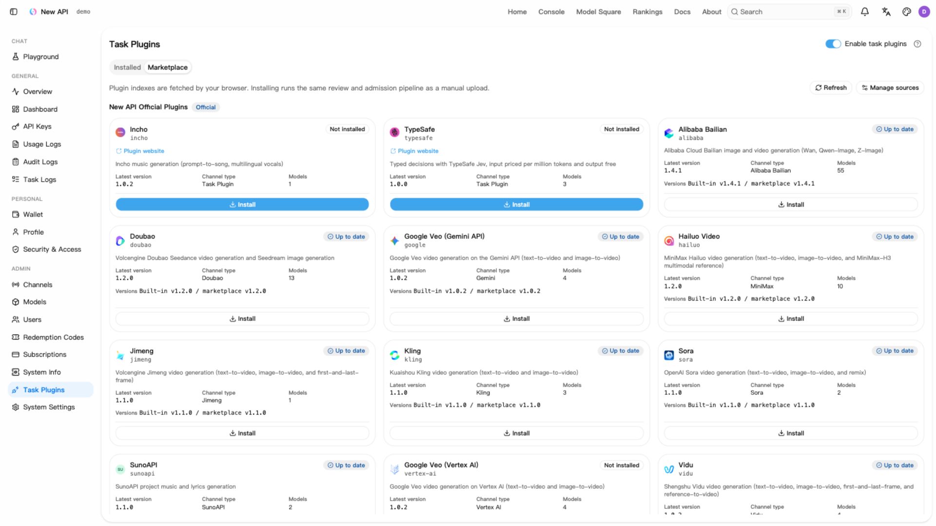 Official plugin marketplace with simulated installation status