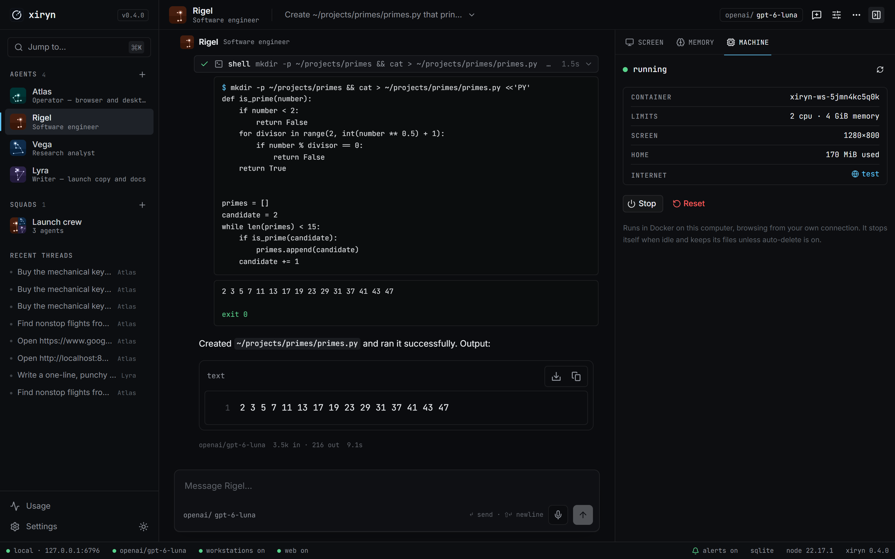 https://github.com/SouravBeraAkaSpeed/xiryn/blob/HEAD/An engineer agent writes and runs a Python script; the Machine tab shows its Docker workstation