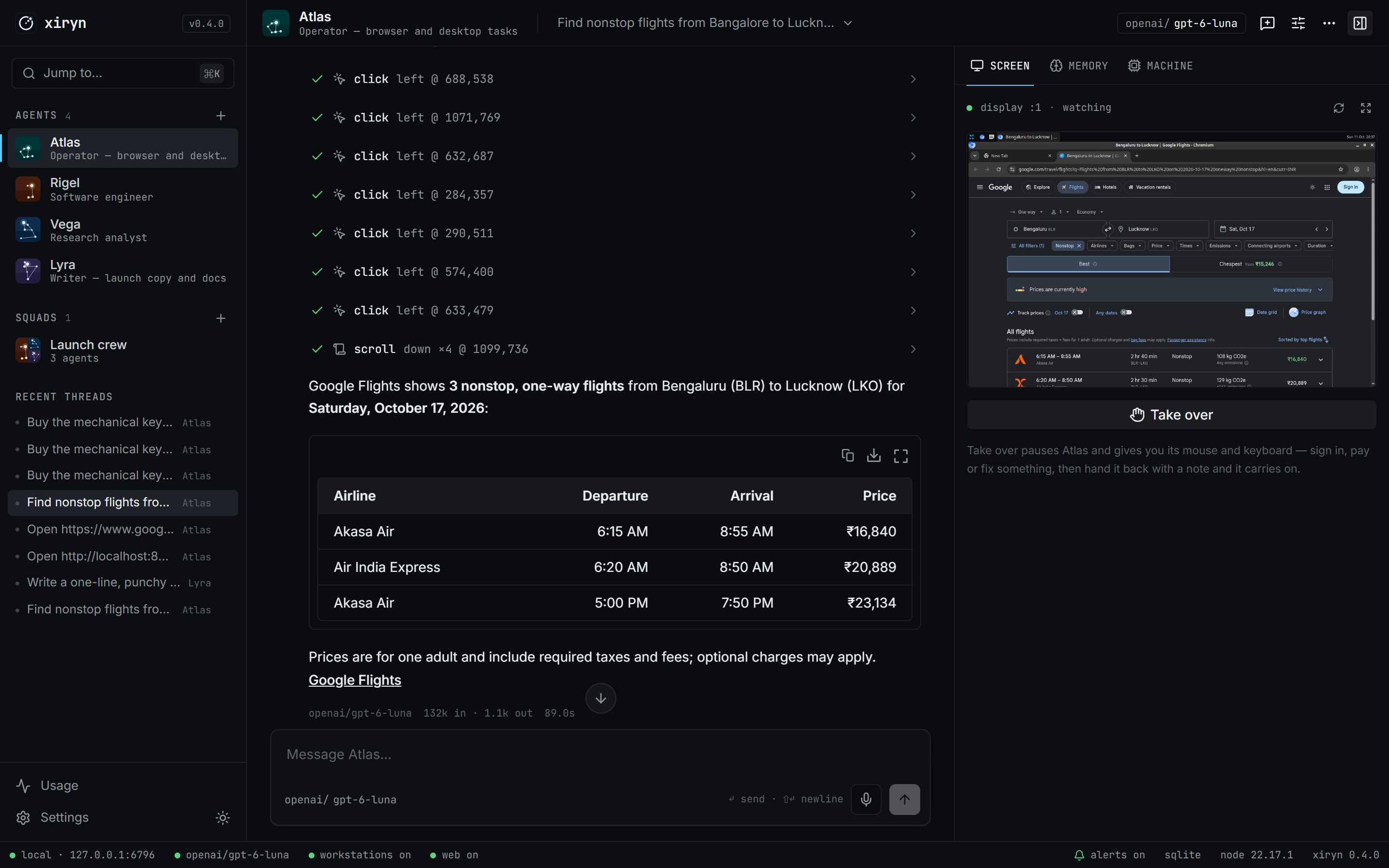 https://github.com/SouravBeraAkaSpeed/xiryn/blob/HEAD/Atlas lists the nonstop Bengaluru to Lucknow flights it found on Google Flights, with its live desktop beside the chat