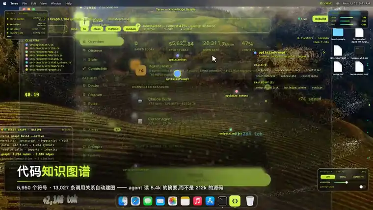 https://github.com/Terse-AI/terseai/blob/HEAD/Terse catching a verbose prompt as it is typed and rewriting it on device, and an agent session auto-compacting 53 percent of its context away