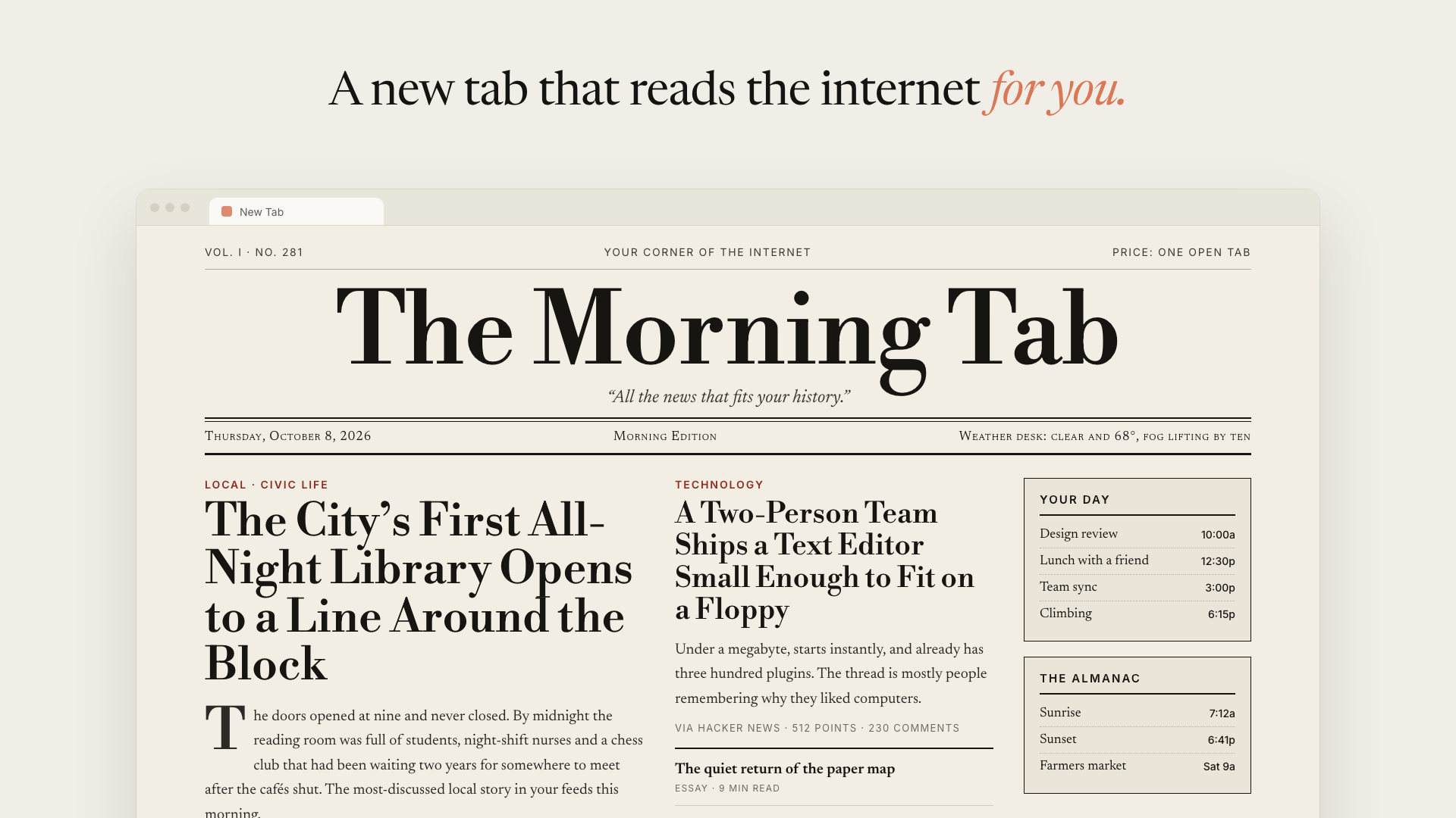 An example homepage in a morning-newspaper style