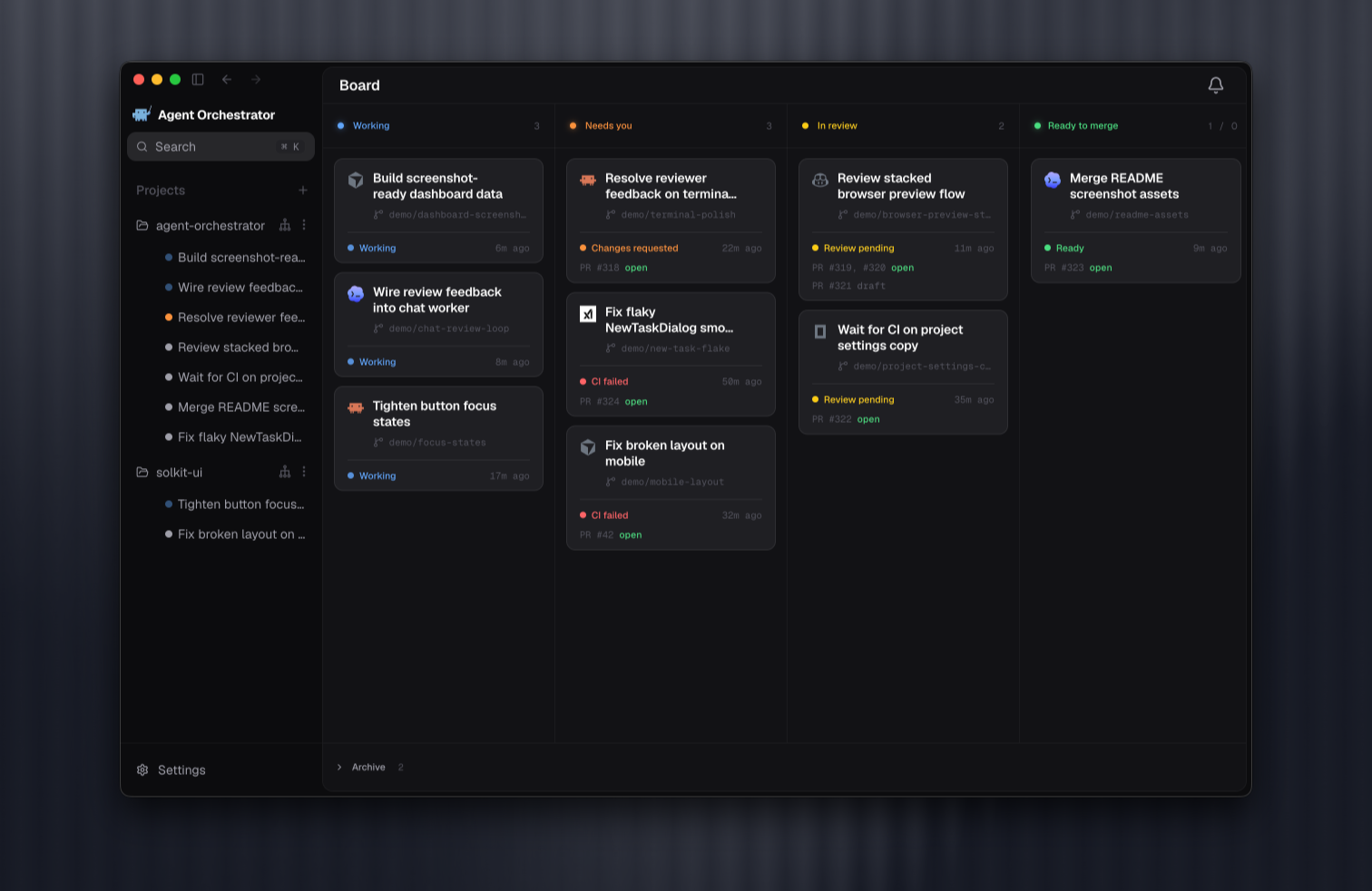 https://github.com/Untrivial-ai/agent-orchestrator/blob/HEAD/Agent Orchestrator Kanban showing worker sessions grouped by live status