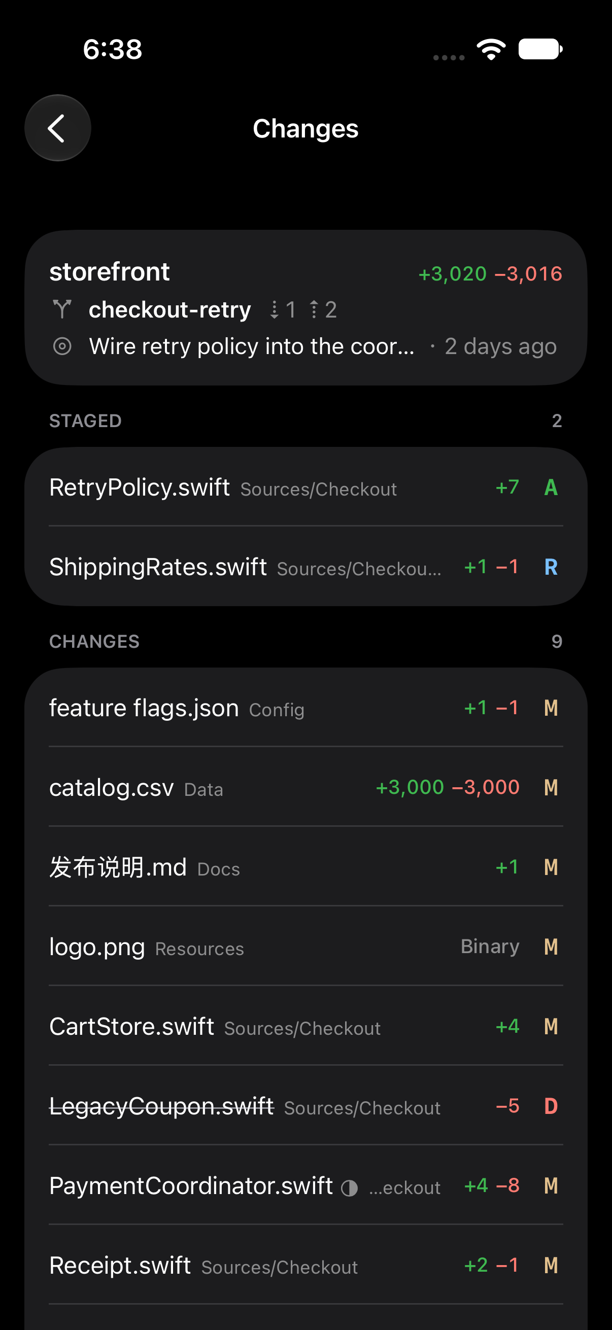 https://github.com/ZingerLittleBee/Heeler/blob/HEAD/Changes listing a Checkout's staged and unstaged files on iPhone