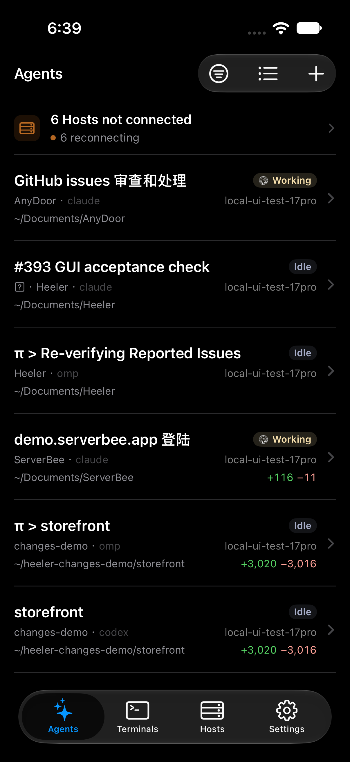 https://github.com/ZingerLittleBee/Heeler/blob/HEAD/Agent Console listing Agents across Hosts with their status on iPhone