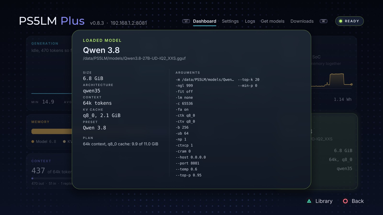 https://github.com/abhi245y/PS5LM-Plus/blob/HEAD/The loaded-model panel for Qwen 3.8 27B UD-IQ2_XXS: its plan and llama-server arguments
