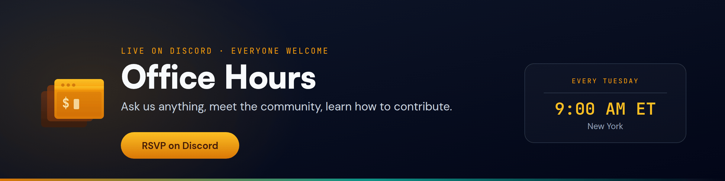 https://github.com/agent-of-empires/agent-of-empires/blob/HEAD/Office Hours: every Tuesday at 9:00 AM ET, live on Discord. Ask us anything, meet the community, learn how to contribute.