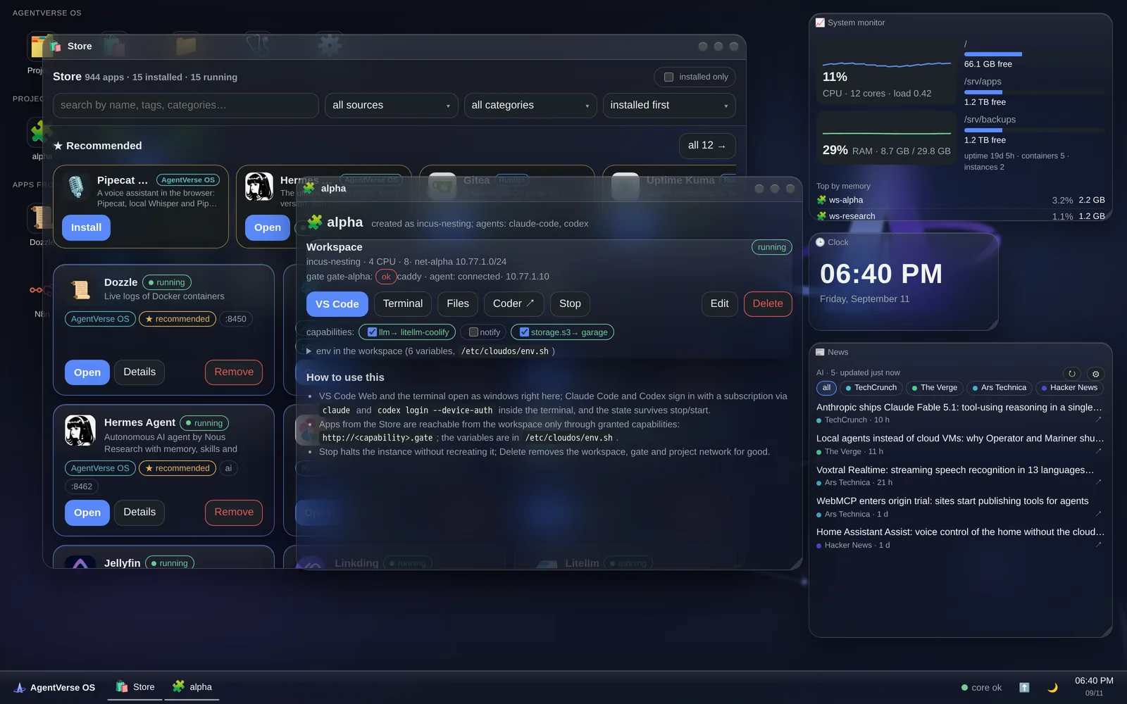 https://github.com/agentverse-os/AgentVerse-OS/blob/HEAD/Desktop: Store, the alpha project card with its workspace and capabilities, monitor and news widgets