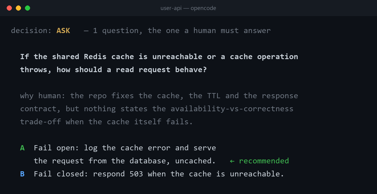 https://github.com/angel291592/Intent-Router/blob/HEAD/The one question it asks — fail open or fail closed — with A/B options and a recommendation