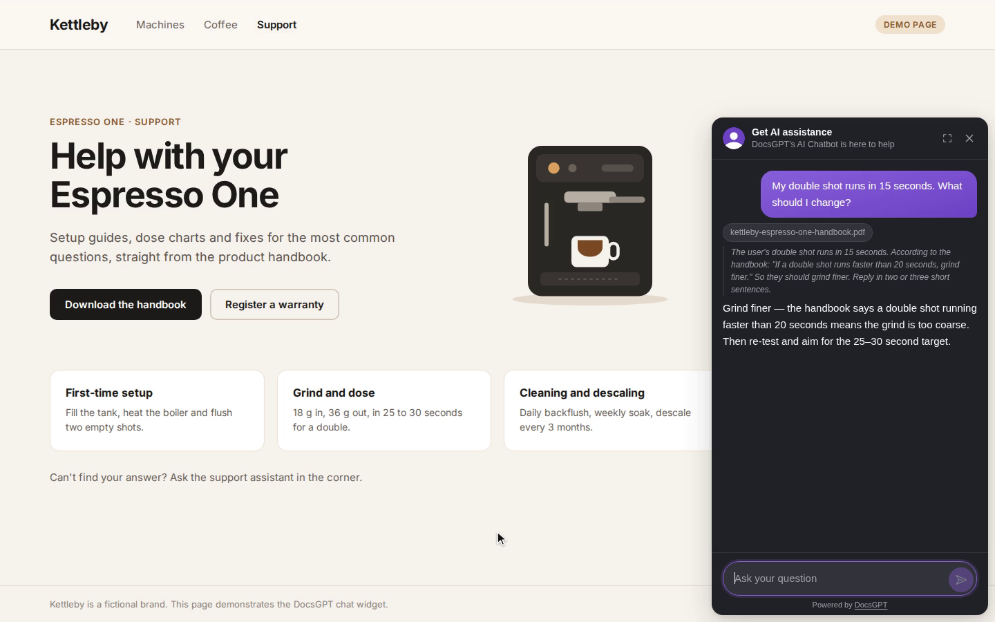 https://github.com/arc53/DocsGPT/blob/HEAD/The DocsGPT chat widget on a product support page answering from the handbook
