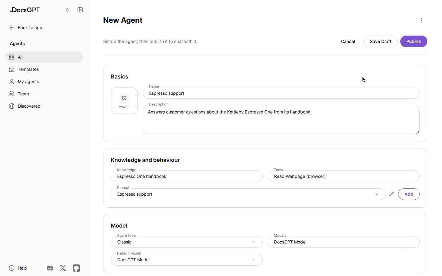 https://github.com/arc53/DocsGPT/blob/HEAD/Creating an agent in DocsGPT with its knowledge, tools and prompt
