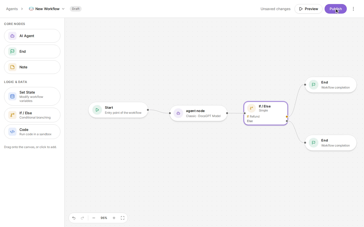 https://github.com/arc53/DocsGPT/blob/HEAD/The DocsGPT workflow builder with an AI agent node, a condition and two end nodes