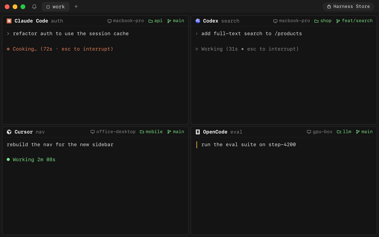 https://github.com/autonomous-ai/openharness/blob/HEAD/Four agents working at once in one window: Claude Code and Codex on a MacBook, Cursor on an office desktop, OpenCode on a GPU box. Each pane shows its machine, project and branch.
