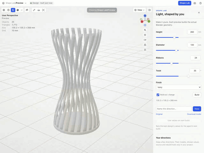 https://github.com/autonomous-ai/openharness/blob/HEAD/Shape Lab in Blender: dragging height and twist sliders rebuilds a ribbon lamp, and chosen designs are kept.